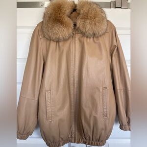 Genuine Leather Bomber Jacket w/ Fox Fur Collar - Size S